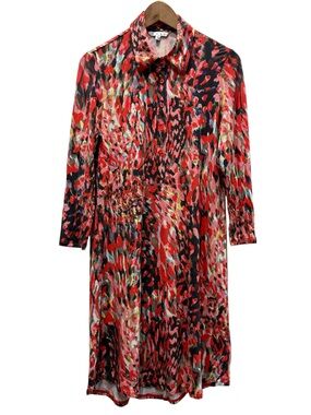 Cabi Red Abstract Watercolor Print Midi Shirt Dress M